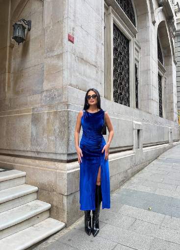 867 AKSESUARLI KADİFE ELBİSE SAKS MAVİSİ