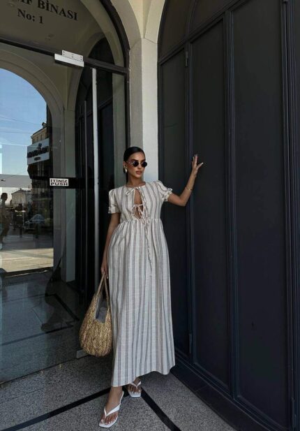 3990 BAĞLAMALI ÇİZGİLİ ELBİSE SİYAH