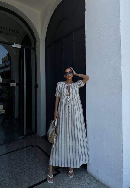 3990 BAĞLAMALI ÇİZGİLİ ELBİSE GRİ