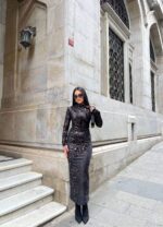 3660-1 BÜZGÜLÜ KADİFE ELBİSE KAHVE SİYAH