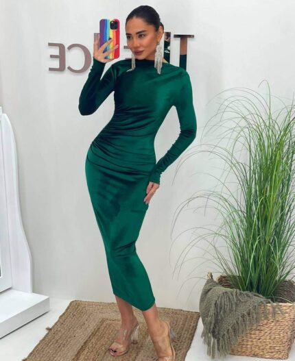 3660-1 BÜZGÜLÜ KADİFE ELBİSE ZÜMRÜT YEŞİLİ