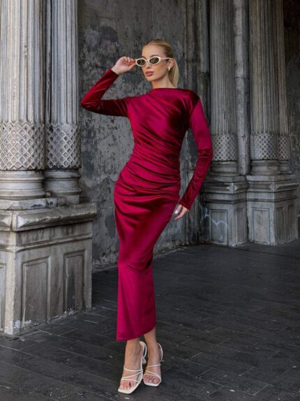 3660-1 BÜZGÜLÜ KADİFE ELBİSE BORDO