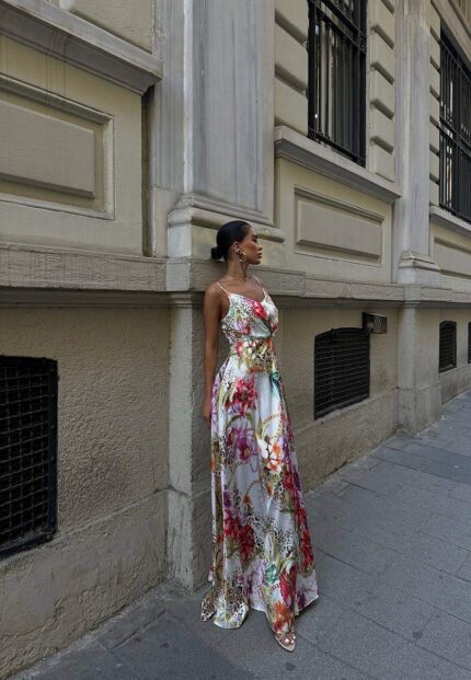 4036 ÇİÇEKLİ  ASKILI KUŞAKLI  ELBİSE KARMA