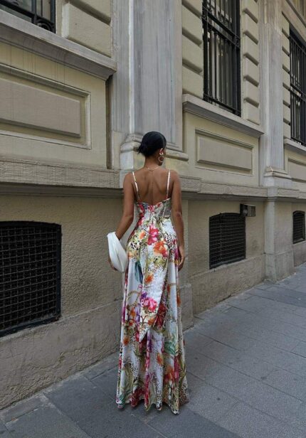 4036 ÇİÇEKLİ  ASKILI KUŞAKLI  ELBİSE KARMA