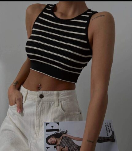 1433 ÇİZGİLİ CROP ATLET SİYAH