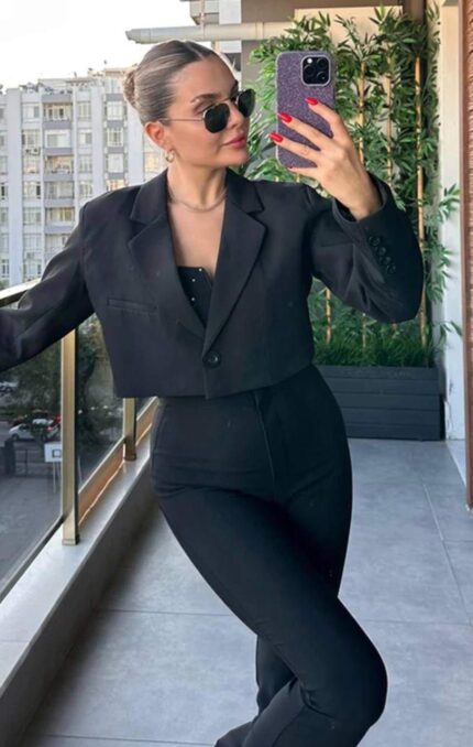 3114 CROP CEKEET-TEK DÜĞMELİ SİYAH