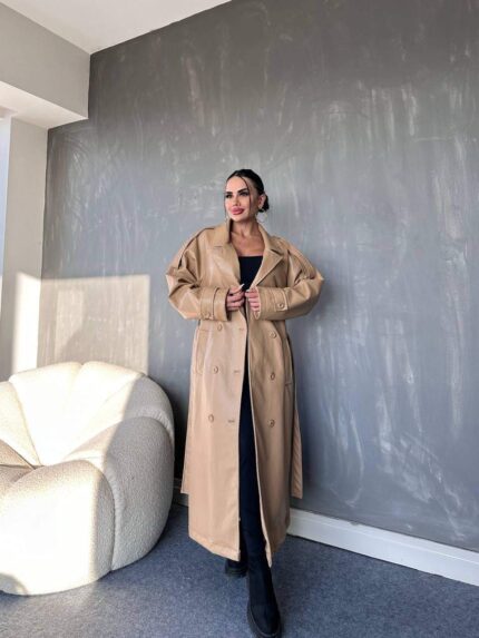 3677 DERİ TRENÇ KABAN BEJ