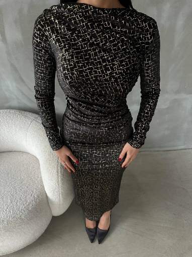 3660-8 DRAPELİ VARAKLI ELBİSE GOLD