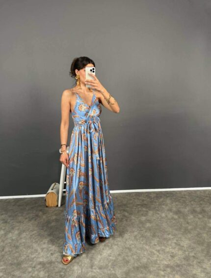 4003 ETEĞİ BOL SATEN ELBİSE BEBE MAVİSİ