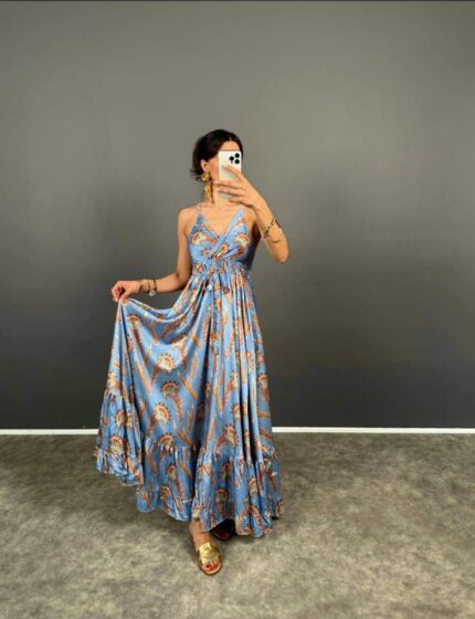 4003 ETEĞİ BOL SATEN ELBİSE BEBE MAVİSİ