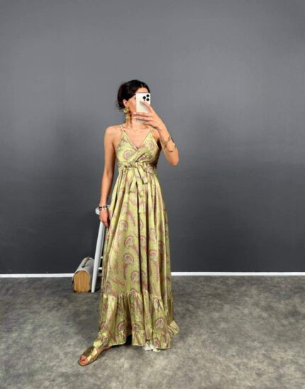 4003 ETEĞİ BOL SATEN ELBİSE YAĞ YEŞİLİ