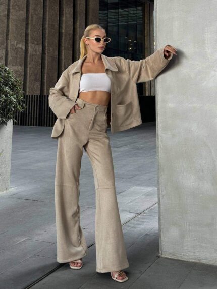 806 KADİFE SUİT CEPLİ TAKIM BEJ