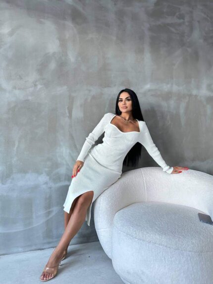 2080 KALPLİ YAKA TRİKO ELBİSE BEYAZ