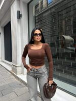 872 KARE YAKA SCUBA BLUZ KAHVE