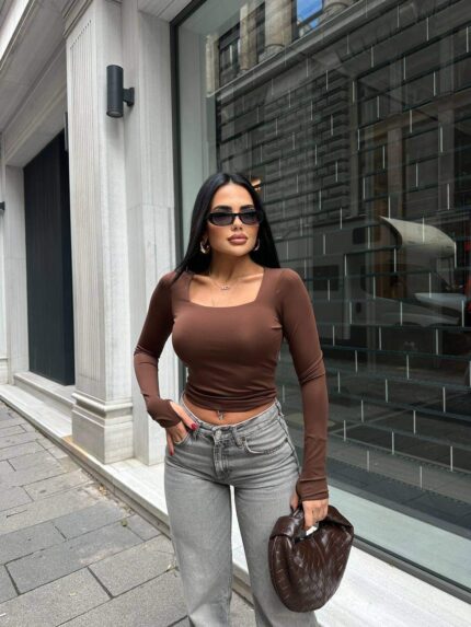 872 KARE YAKA SCUBA BLUZ KAHVE