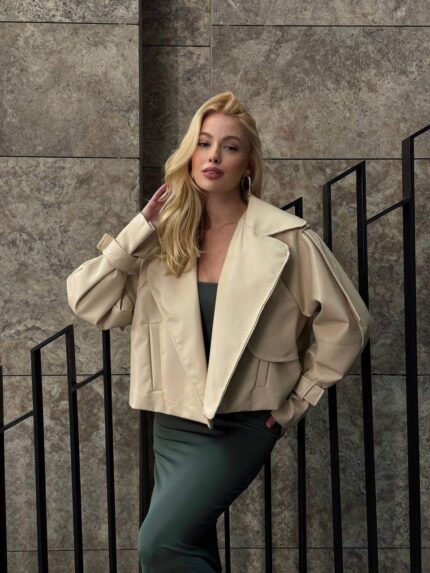 839 KEMERLİ CROP DERİ CEKET BEJ