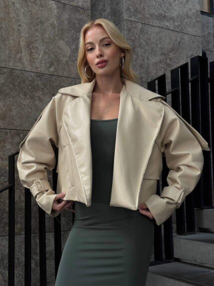 839 KEMERLİ CROP DERİ CEKET BEJ