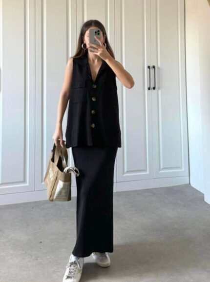 1465 KEMİKLİ YELEKLİ ETEK SİYAH