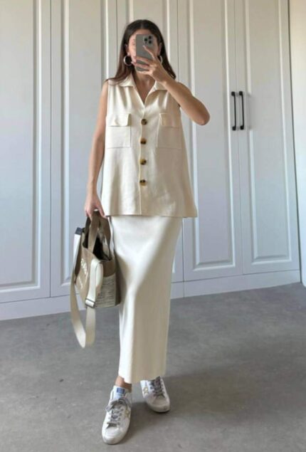 1465 KEMİKLİ YELEKLİ ETEK TAŞ RENGİ