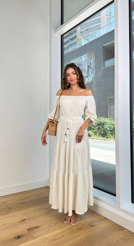 3985 KETEN BELİ LASTİKLİ ELBİSE AÇIK BEJ