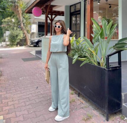 3610 KETEN PERVAZLI BLUZ PANTOLON AÇIK BEJ