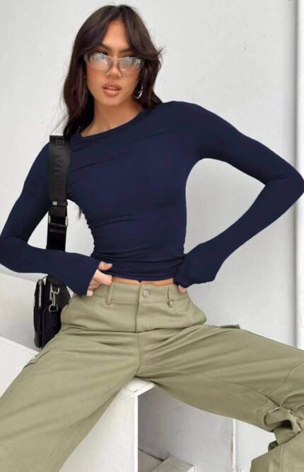 3725-1 KOL DETAYLI SCUBA CROP LACİVERT