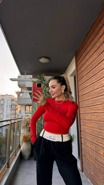 3725-1 KOL DETAYLI SCUBA CROP KIRMIZI