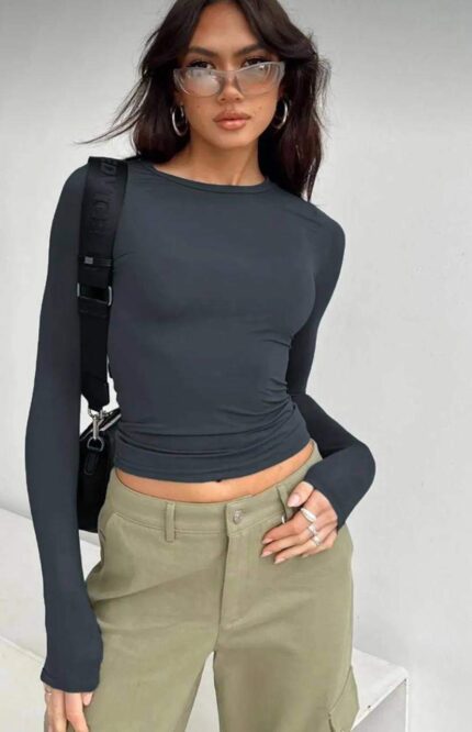 3725-1 KOL DETAYLI SCUBA CROP KOYU GRİ