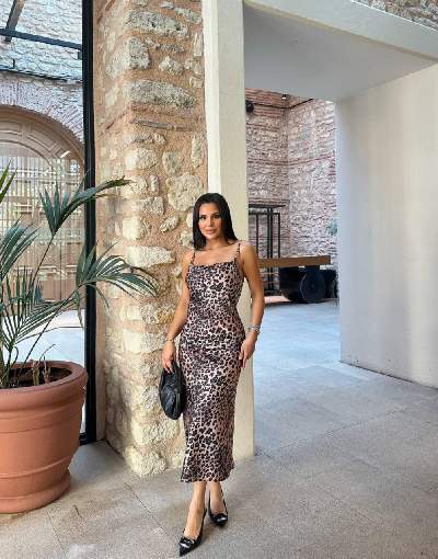 3102-1 LEOPAR ASKILI SATEN ELBİSE BEJ-SİYAH