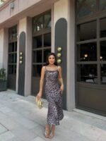 3102-1 LEOPAR ASKILI SATEN ELBİSE EKRU - SİYAH