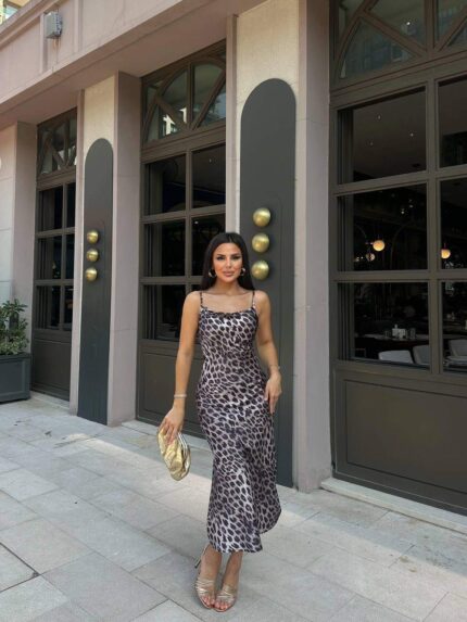 3102-1 LEOPAR ASKILI SATEN ELBİSE EKRU - SİYAH