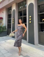 3102-1 LEOPAR ASKILI SATEN ELBİSE EKRU - SİYAH