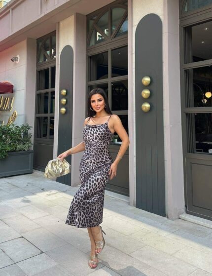 3102-1 LEOPAR ASKILI SATEN ELBİSE EKRU - SİYAH