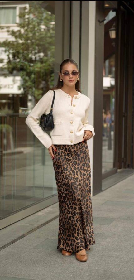 829 LEOPAR DESENLİ BELİ LASTİKLİ SATEN ETEK KAHVE SİYAH