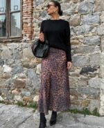 3716-2 LEOPAR DESENLİ Fİ SATEN ETEK KOYU BEJ - SİYAH