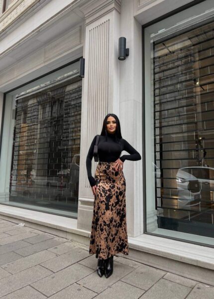 828 LEOPAR DESENLİ FLOŞ ETEK KOYU BEJ