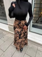 828 LEOPAR DESENLİ FLOŞ ETEK KOYU BEJ