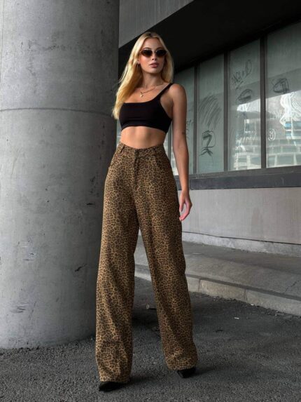 4063 LEOPAR DESENLİ KOT PANTOLON HARDAL