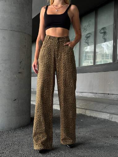 4063 LEOPAR DESENLİ KOT PANTOLON HARDAL