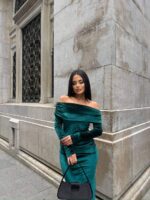 890 MADONNA YAKA KADİFE ELBİSE ZÜMRÜT YEŞİLİ