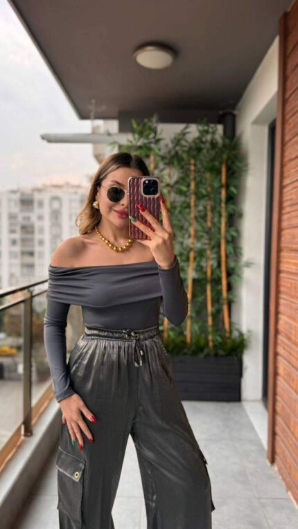 3749 MADONNA YAKA SCUBA BLUZ KOYU GRİ