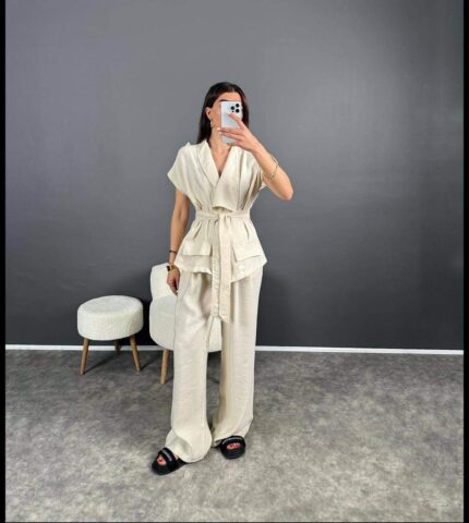 3945 OMUZU DÜĞMELİ YELEK TAKIM BEJ