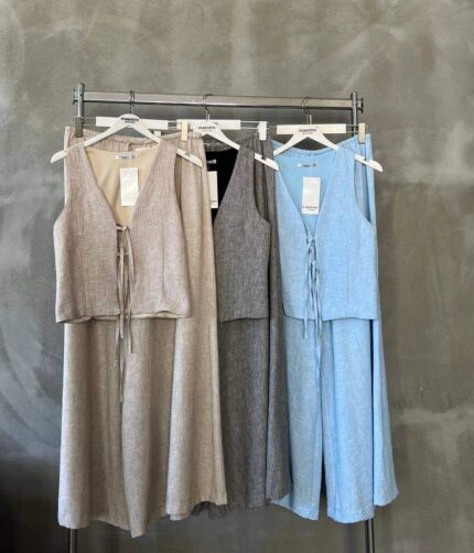 4029 ÖNDEN BAĞLAMALI KETEN YELEKLİ TAKIM BEBE MAVİSİ