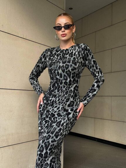 3972 ÖRME  LEOPAR DESENLİ ELBİSE EKRU - SİYAH