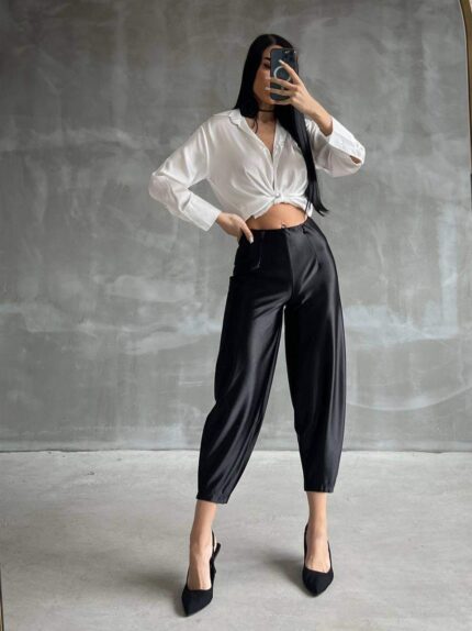 3699 ÖRME SATEN SALAŞ PANTOLON SİYAH