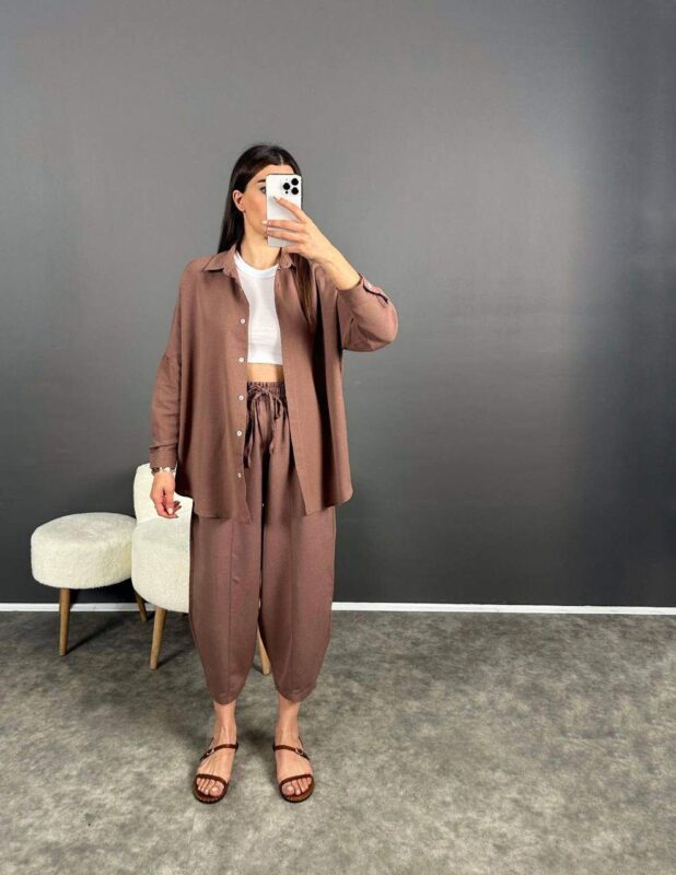 3565 PLASTİK DÜĞMELİ KETEN TAKIM AÇIK BEJ