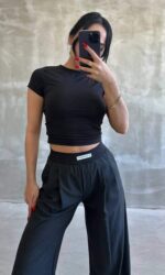 3917 POLİ VİSKON BELİ LASTİKLİ PANTOLON SİYAH