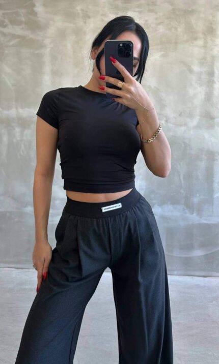 3917 POLİ VİSKON BELİ LASTİKLİ PANTOLON SİYAH