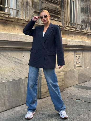 35001-2 POLİ VİSKON İNCE ÇİZGİLİ CEKET LACİVERT