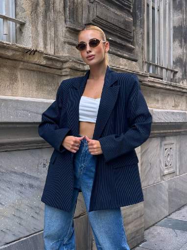 35001-2 POLİ VİSKON İNCE ÇİZGİLİ CEKET LACİVERT